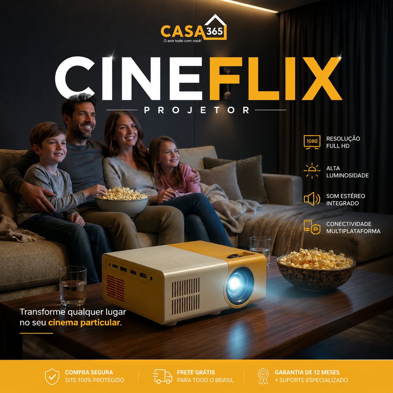 CineFlix HD™ Projetor Portátil + BRINDE Tela 200 Polegadas —Transforme Sua Casa em um Cinema