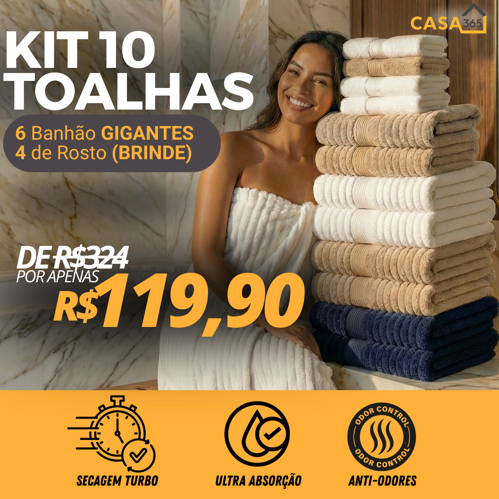 CloudSoft™ – Toalha Premium Algodão Turco | Kit 6 Banhão + 4 Rosto (BRINDE)